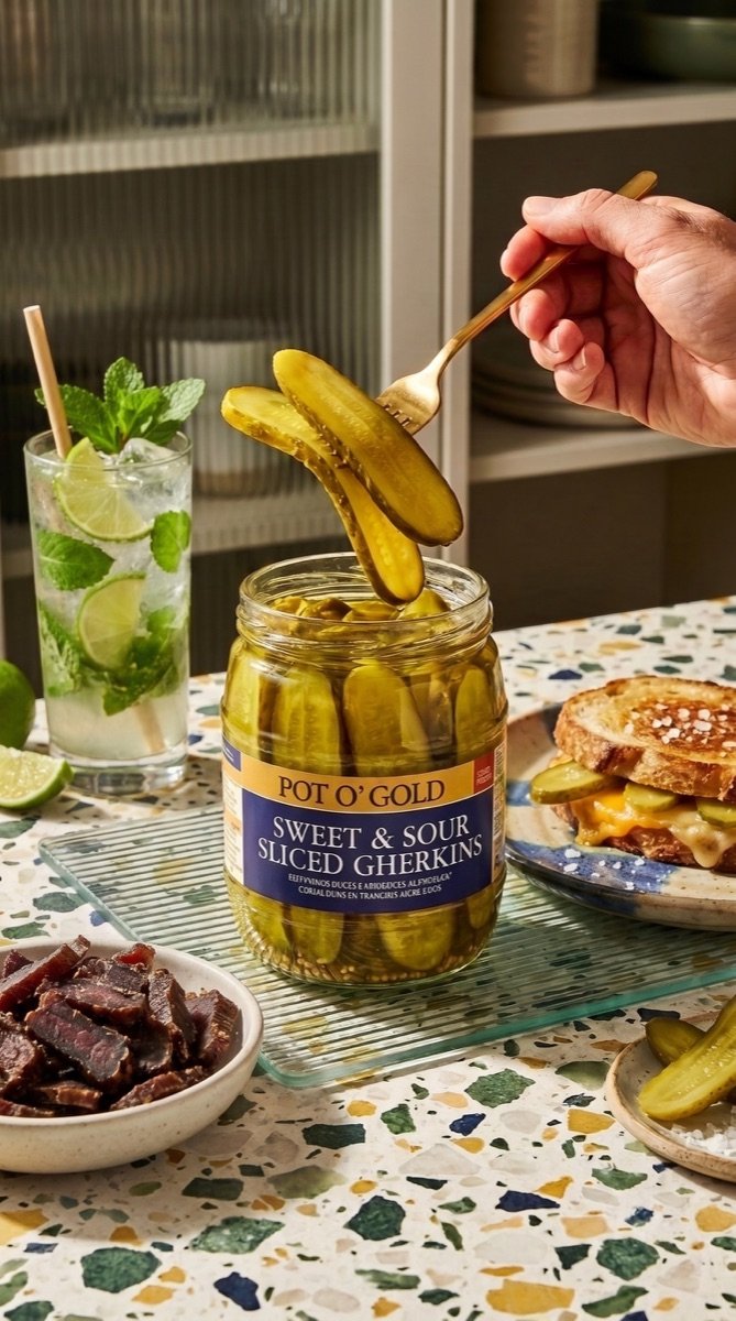 Grilled cheese and lifted sliced gherkins with the jar
