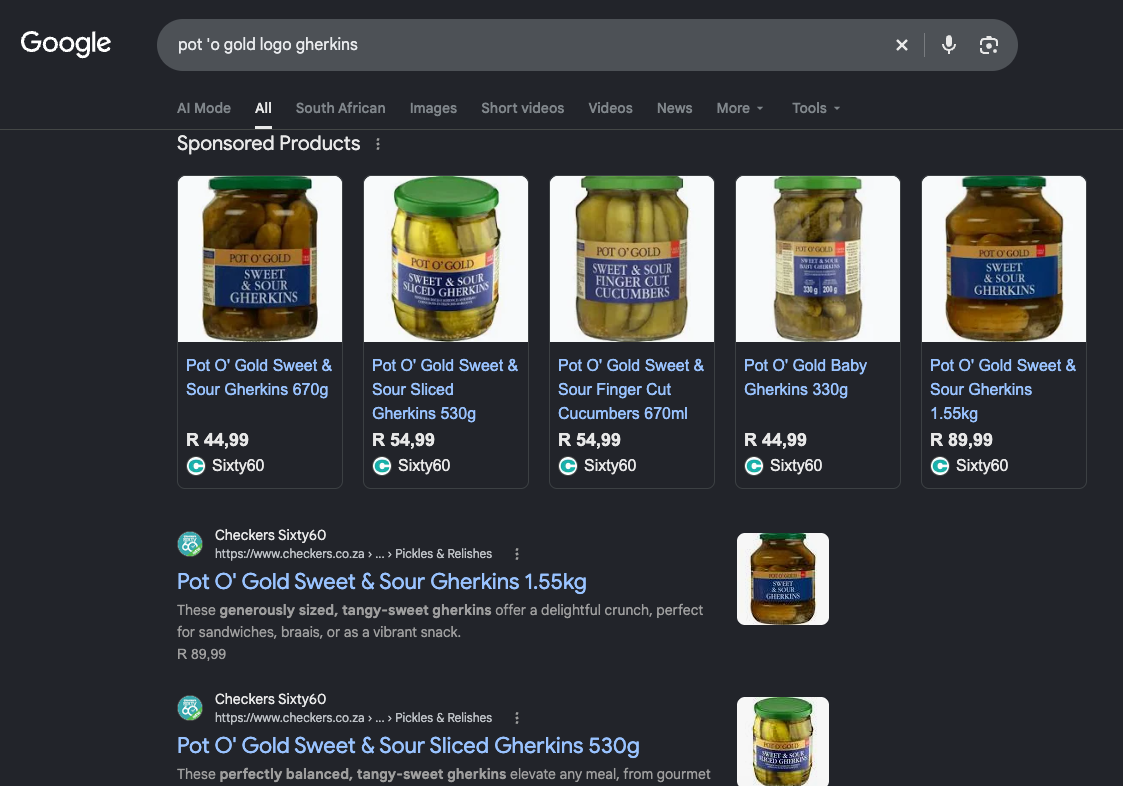 Google search screenshot showing Pot O’ Gold supermarket product listings
