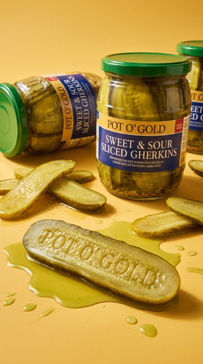 Pot O’ Gold jars and a long sliced gherkin on a butter-yellow set