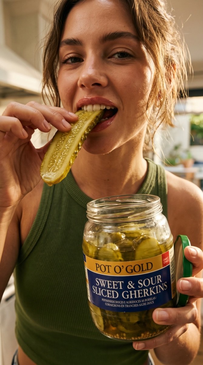 Woman biting a long sliced gherkin while holding the Pot O’ Gold jar
