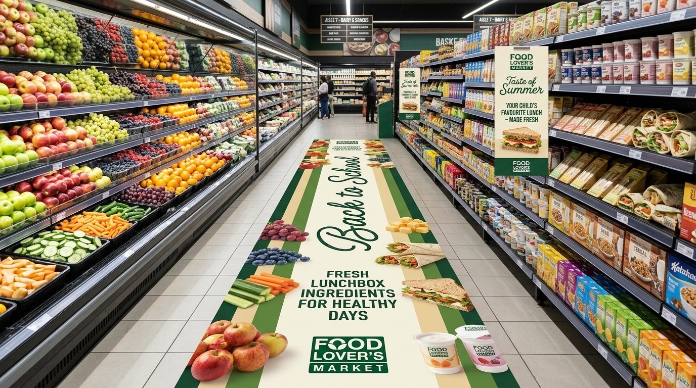 Archived premium in-store grocery campaign concept with floor and shelf graphics