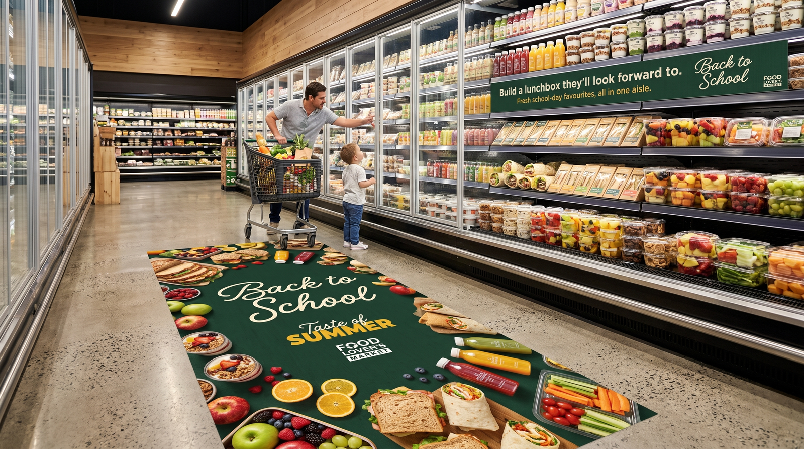 Food Lover’s Market Back to School aisle campaign across shelf and floor graphics