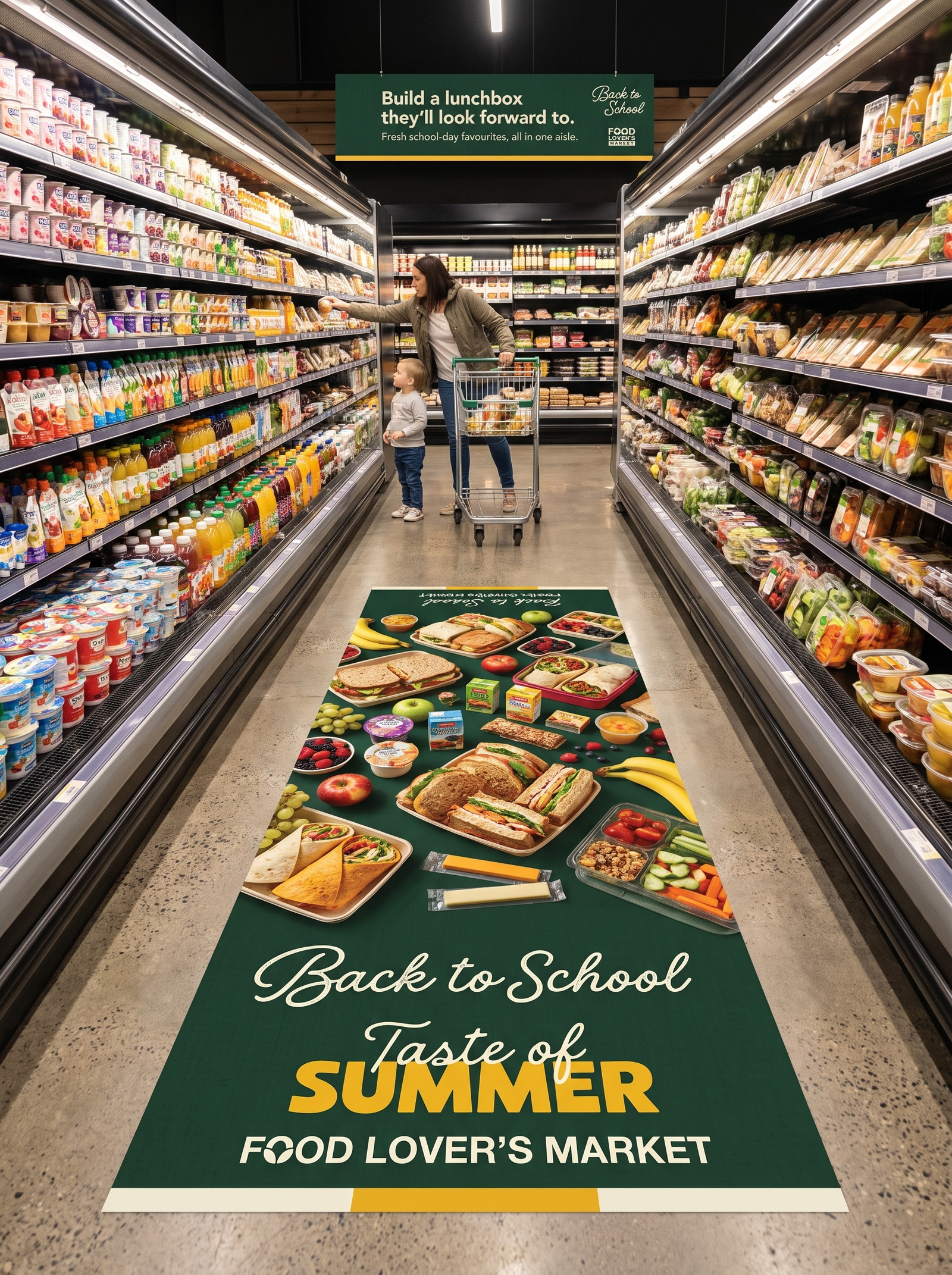 Food Lover’s Market Back to School aisle takeover with lunchbox floor graphic