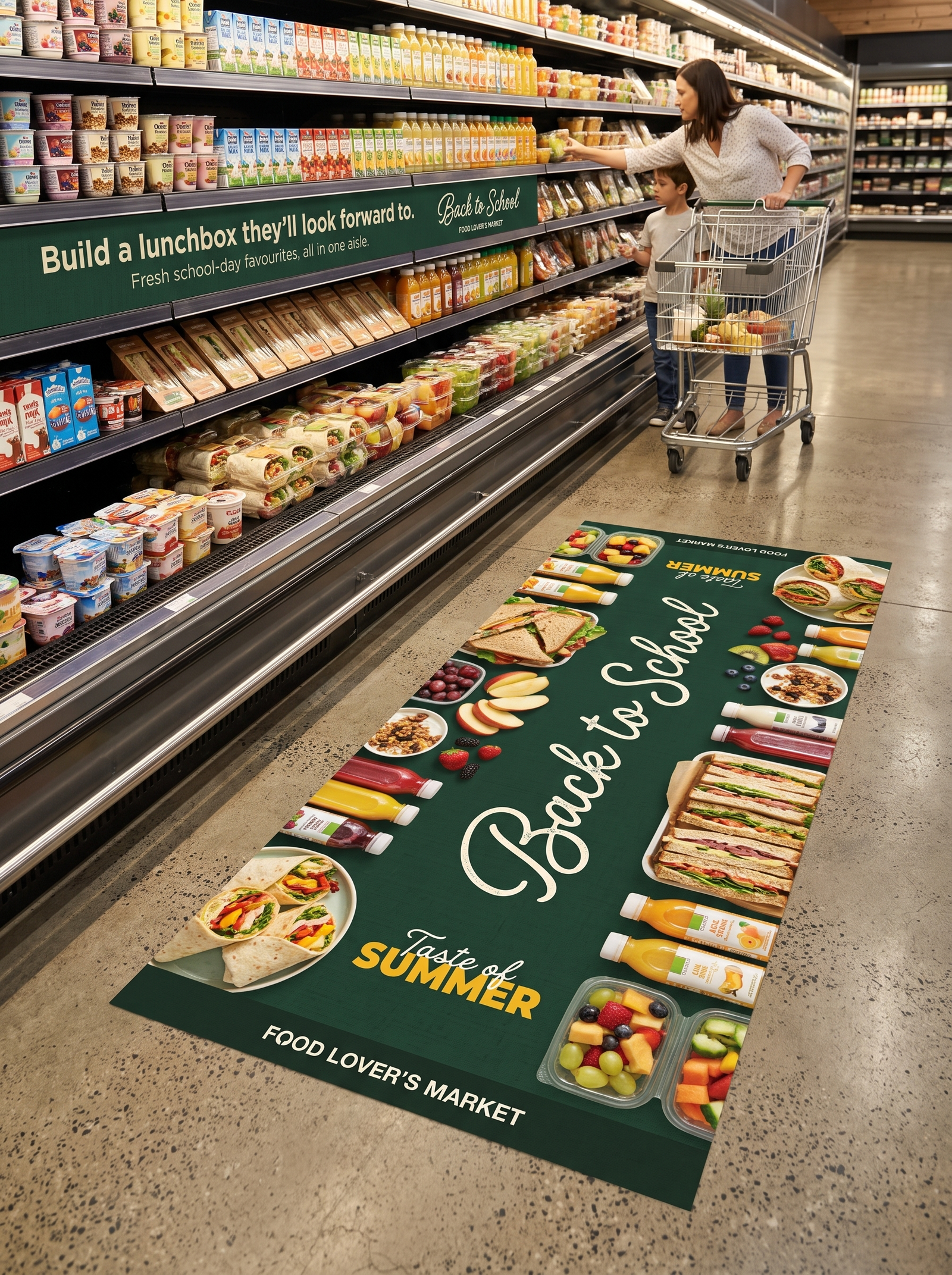 Parent shopping in the Back to School aisle with campaign shelf and floor graphics