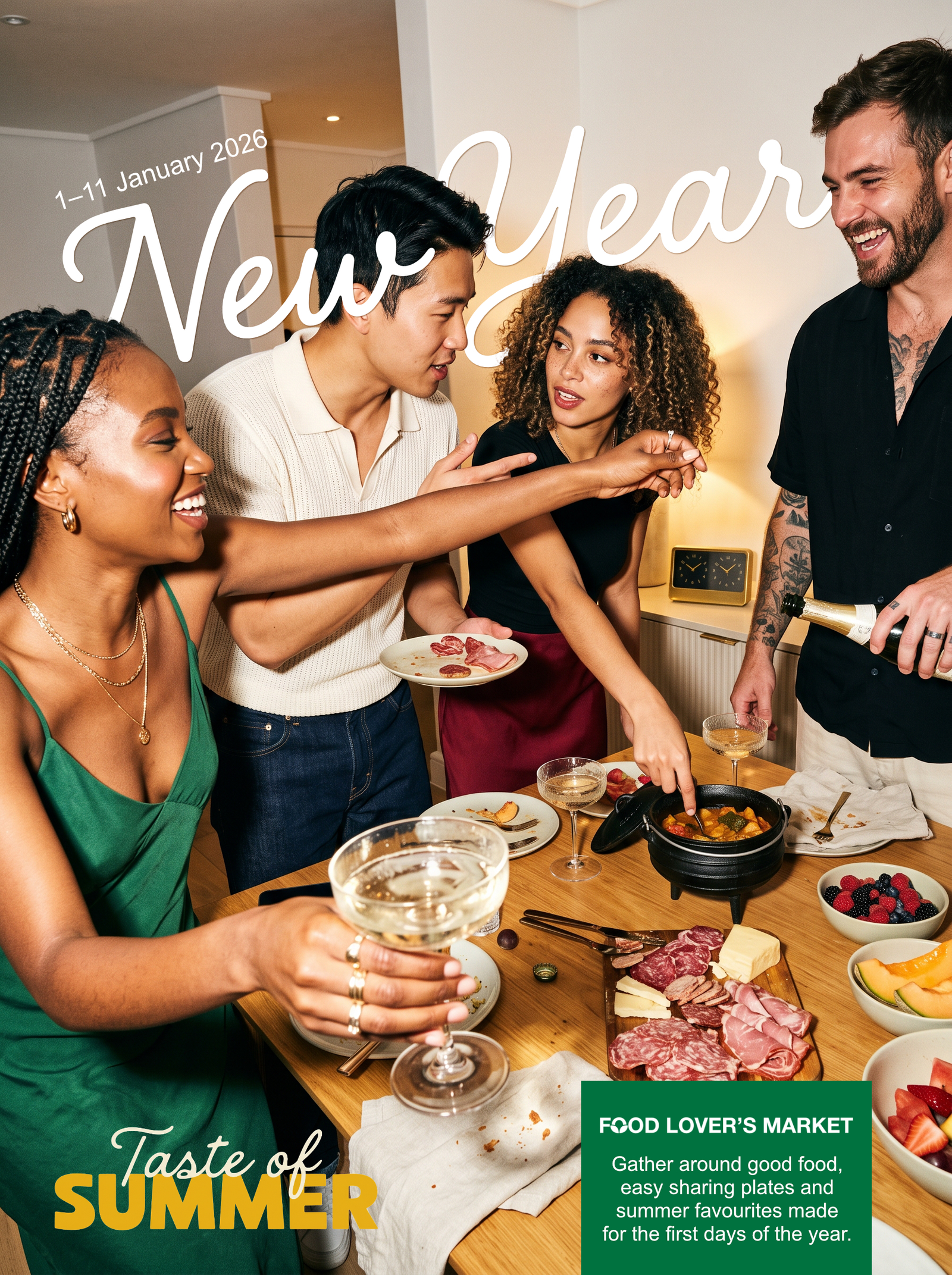 New Year Taste of Summer campaign featuring friends gathered around food