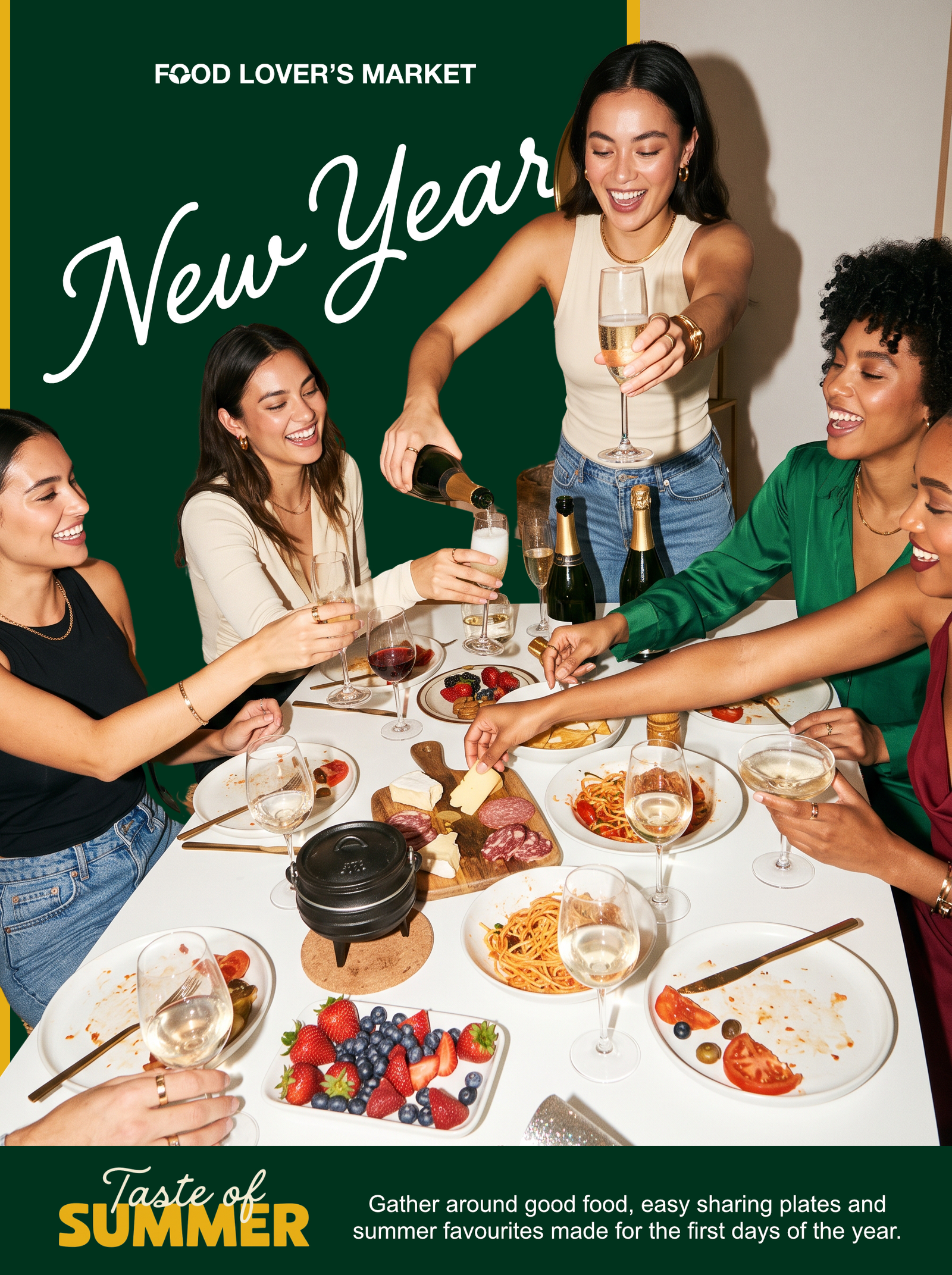 New Year Taste of Summer campaign poster with a group sharing food